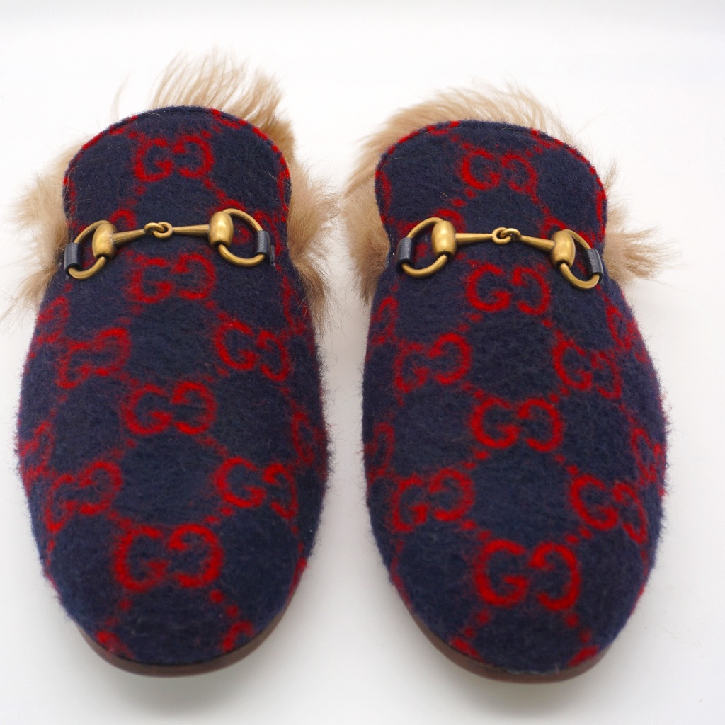 Gucci Princetown Gg Wool Slipper Blue And Red Gg W